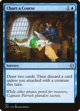 Blue and black Magic: The Gathering card, "Chart a Course," featuring an interior scene.