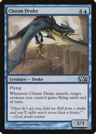 Blue dragon creature card art, dark tones, showing a large winged beast.