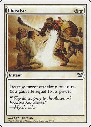 Magic: The Gathering card, "Chastise," featuring a battle scene illustration.