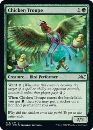 Winged chicken creature card art, green and blue tones, showing a bird performer.