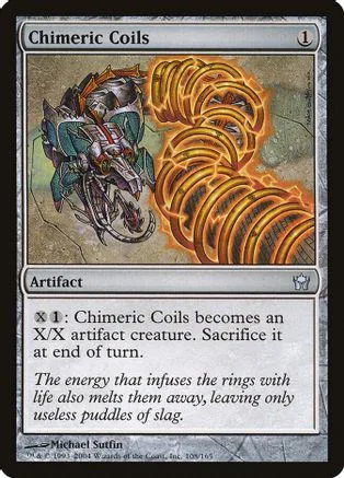 Metal coils with glowing orange energy on a gray card.
