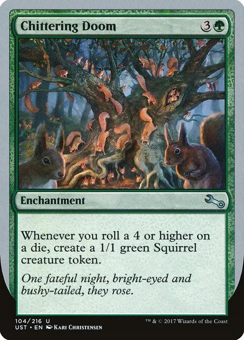 Green forest scene with squirrels under a large tree on a Magic card.