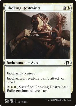 Dark fantasy card art depicts a figure being choked by thick, dark ropes.