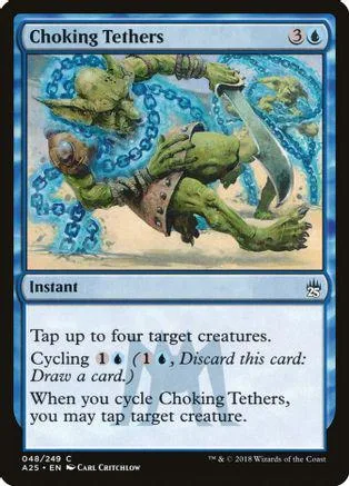 Green creature chained, wielding a blade, on a blue and green background.