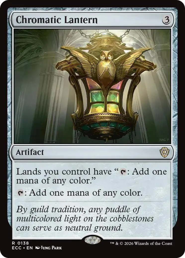 Gold and green lantern artwork on a Magic: The Gathering card.