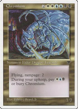 Blue and silver dragon on a card with gold border.