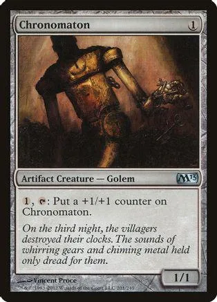 Dark, metallic golem figure on a card with gold and brown tones.