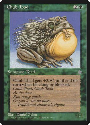 Spiky toad creature card, green and blue, showing toad with yellow belly.