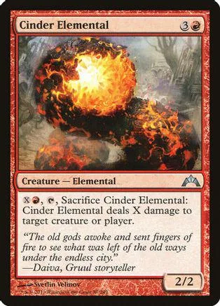 Fire elemental creature card with orange and yellow flames on a dark background.