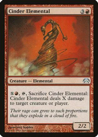 Elemental creature card art: swirling brown and orange energy against a fiery background.