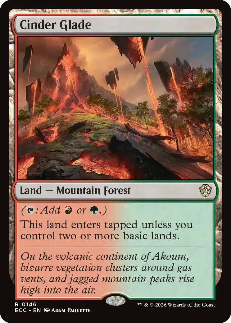 Magic: The Gathering card, Cinder Glade, volcanic mountain forest art.