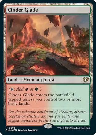 Mountain landscape with fiery peaks, featuring "Cinder Glade" card art.