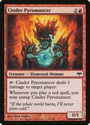 Fiery elemental shaman creature card, dark tones, intense flames surrounding figure.