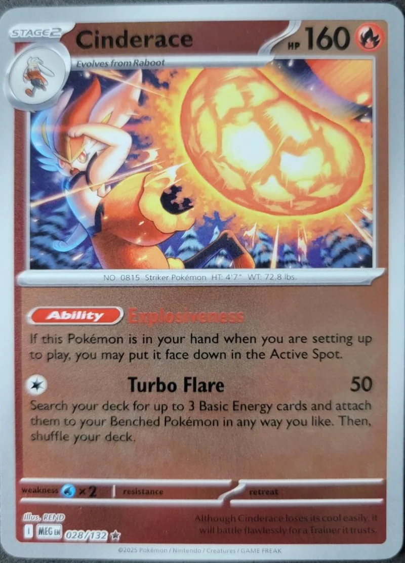 Cinderace Pokémon card, orange and blue art, HP 160, in standard card frame.