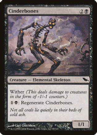 Skeletal creature card art, dark tones, black and white text, 1/1 power.