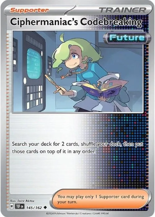 Green-haired character reads book, holding stylus, on a Future Trainer card.