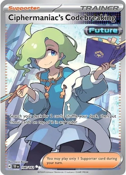 Green-haired character holding purple book on a blue and white card.
