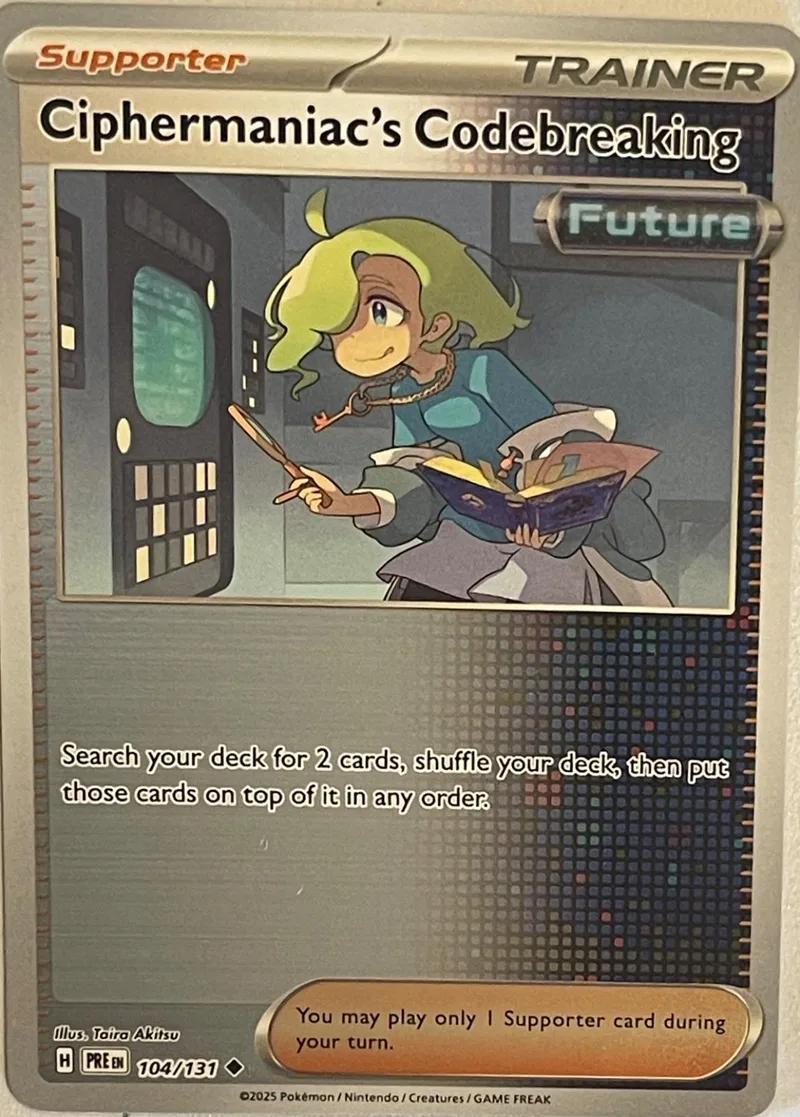 Card art shows young woman with green hair holding book near keypad.