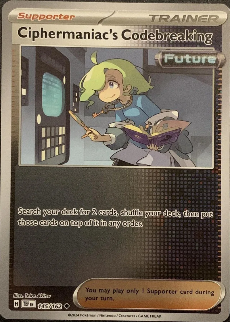Green-haired character holding scroll on a card with "Ciphermaniac's Codebreaking" text.