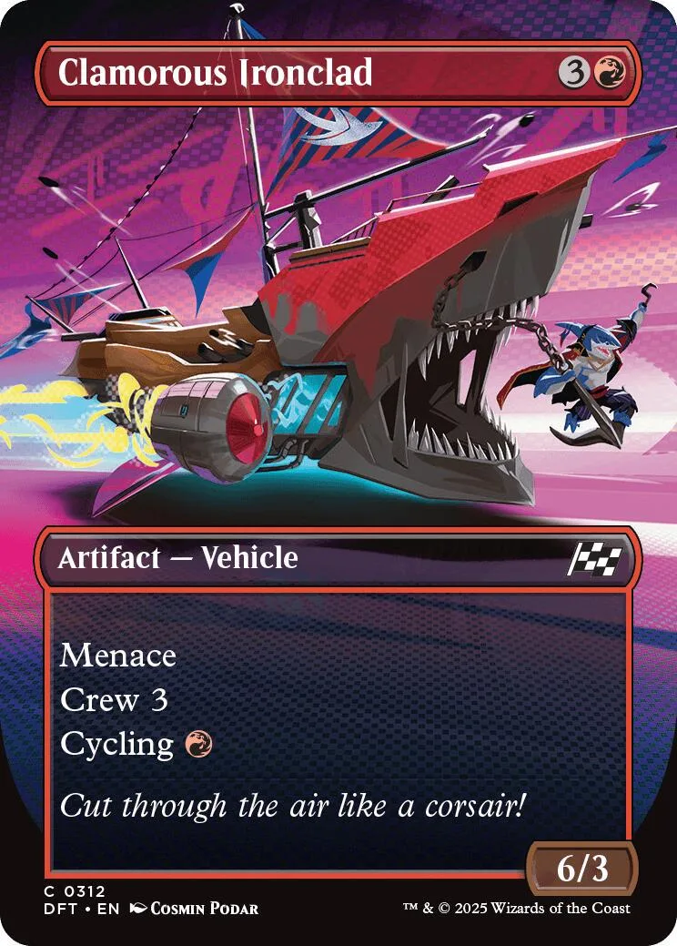 Red and black ship card art, "Clamorous Ironclad," with 6/3 power.