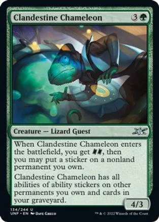 Blue lizard creature on card art, black and green tones, showing ability text.