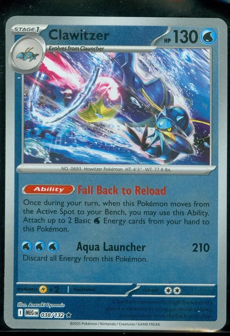 Blue and purple Pokémon card, Stage 1 Clawitzer, 130 HP, in a grading case.