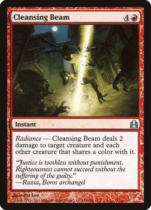 Magic: The Gathering card, Cleansing Beam, dark fantasy scene, black and white art.