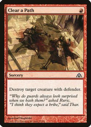 Dark figures clash on stone floor. Magic card art, "Clear a Path.