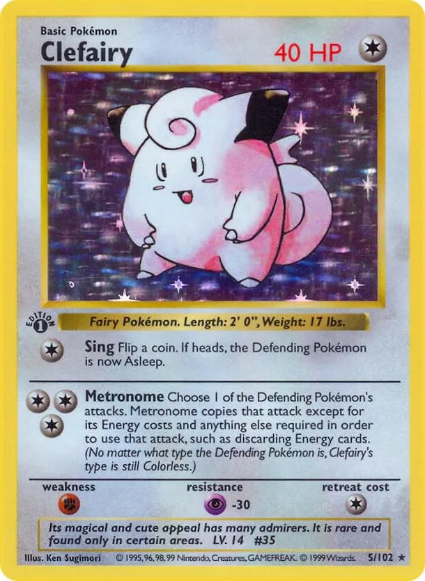 White and pink fairy Pokémon card, Clefairy, with purple starry background.