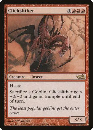 Red and black insect creature card, Clickslither, showing a large spider-like monster.