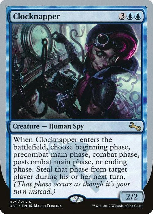 Card art shows a dark-haired figure in goggles against a clockwork background.
