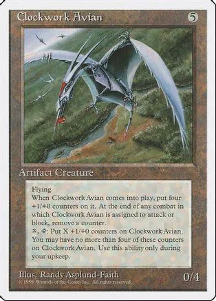 Mechanical bird creature flying over green landscape on a trading card.