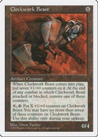 Dark mechanical beast on fiery background. Black and orange card art.