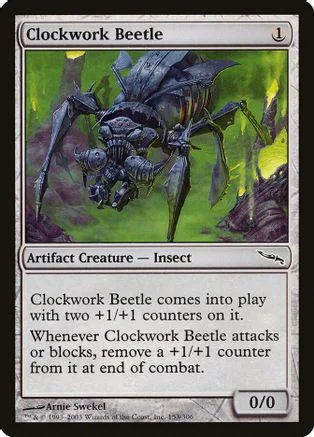 Dark, mechanical beetle creature art on a Magic: The Gathering card.