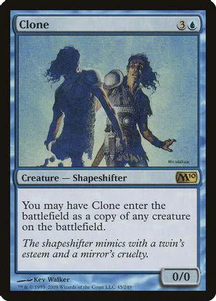 Two figures, one silhouette, on a blue and white card. Creature card art.