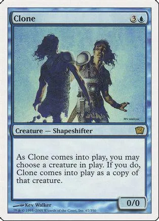 Two figures, one silhouette, on a blue background. Clone creature card.