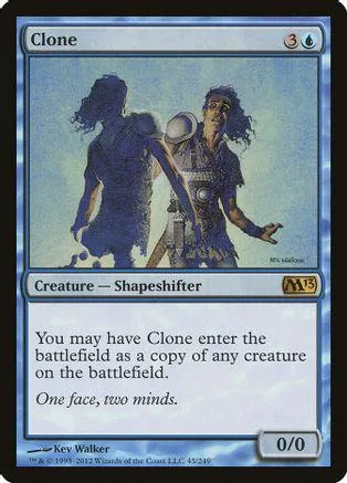 Blue and white Magic: The Gathering card, "Clone," featuring two figures.
