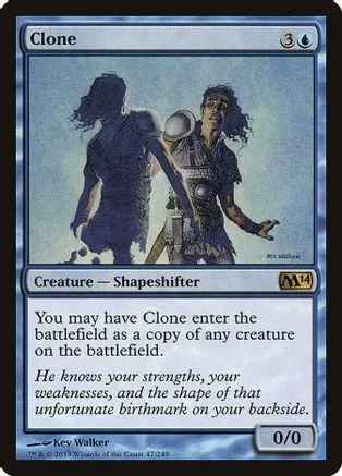 Two figures, one shadowy, one detailed, on a blue and white Magic: The Gathering card.