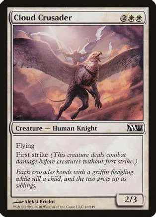 Winged warrior creature card, dark purple and brown tones, showing flight.