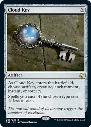 Silver key with blue, cloudy orb centerpiece on a trading card.