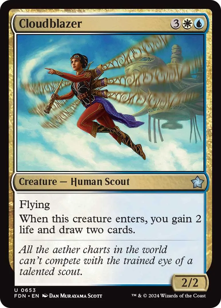 Card art shows a woman in armor flying over a landscape. Cloudblazer creature card.