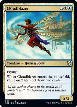 Flying human scout in blue sky, depicted on a Magic: The Gathering card.