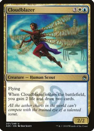 Human scout figure flying over clouds, blue and brown colors, Magic: The Gathering card.