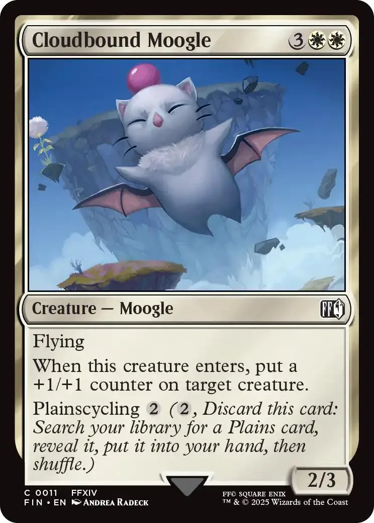 White, gray, and pink moogle creature flying in a blue, rocky landscape.