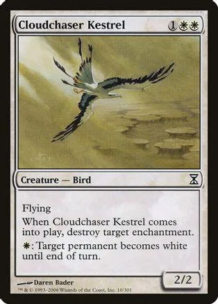 Blue and white bird creature card, Cloudchaser Kestrel, flying over landscape.