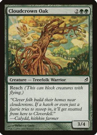 Card art of a large, gnarled tree in a green, sunny landscape.