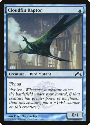 Green raptor flying over city skyline on Magic: The Gathering card.