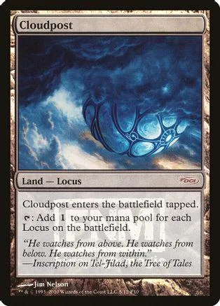 Blue and white land card art showing blue clouds and a glowing blue structure.