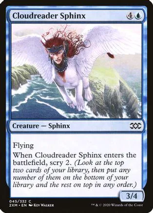 White and red sphinx creature card with wings, showing a mythical beast.