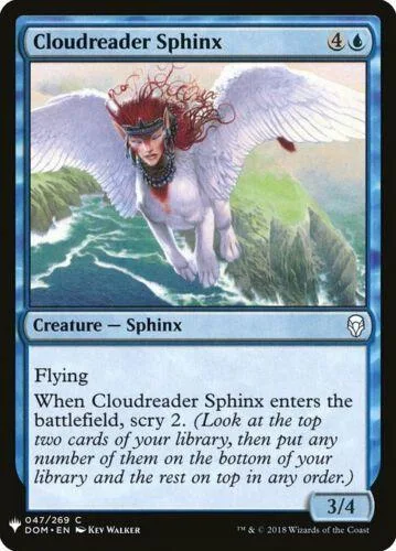 White sphinx with red hair flies over green landscape on Magic card.